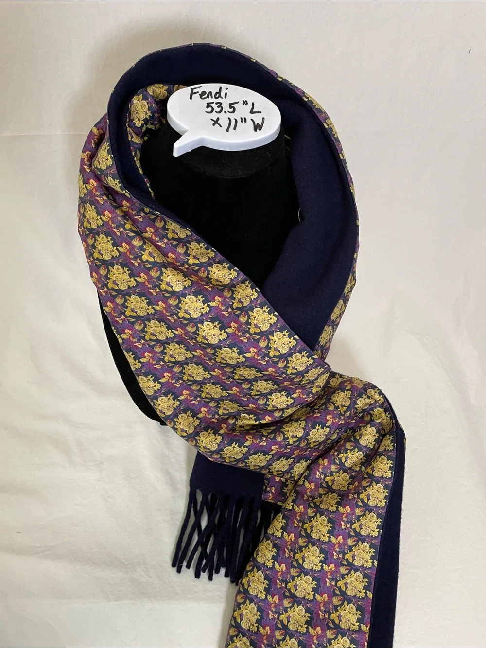 Vintage FENDI Cravatte Silk & Wool Double-Sided Fringe Scarf Floral Navy Italy